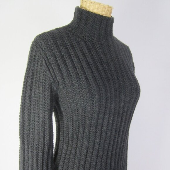 Vtg Theory Women L Charcoal Gray Black LS Wool Textured Rib Mock Neck Sweater - Picture 9 of 10